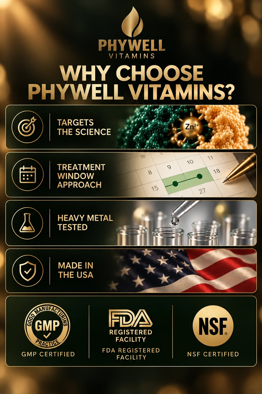 Why choose PhyWell Vitamins — targets the science, treatment window approach, heavy-metal tested, made in the USA, GMP / FDA / NSF certified